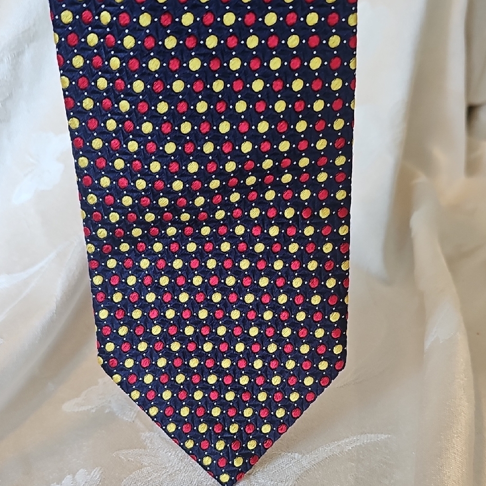 Brioni Blue Red And Yellow Mens Tie Geometric Pattern With Iconic  "Dual Keeper"